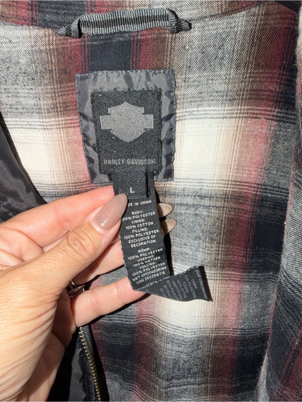 Harley-Davidson Gray Quilted Vest with Plaid Lining - Picture 2 of 4